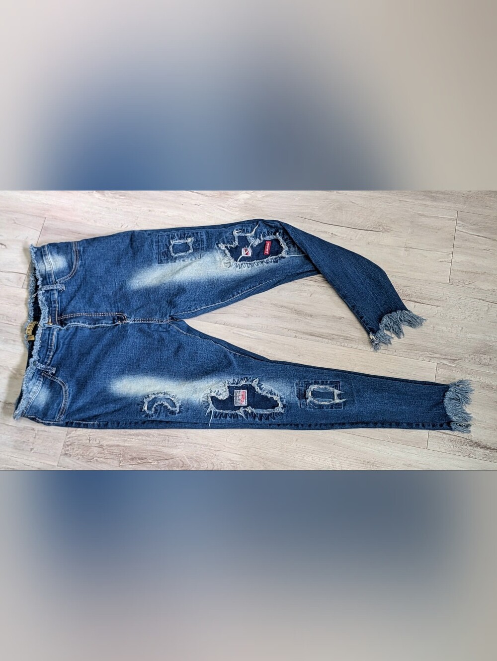 Stars Darkwash Frayed Hems Denim Patch Skinny Jeans sz34